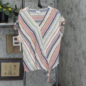 Sandy & Sid Womens V-Neck Linen Blend Shirt Blouse Top Brown Multi XL